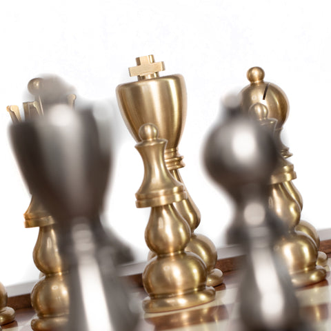 Handmade XL Brass Chess Set with Birch Table & Backgammon, Italfama Italy