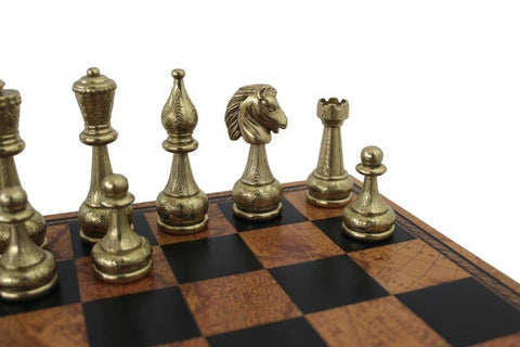 Italfama Handmade Metal Chess Set, Gold/Silver, Faux Leather Map Board 40cm