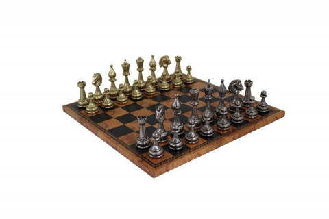 Italfama Handmade Metal Chess Set, Gold/Silver, Faux Leather Map Board 40cm