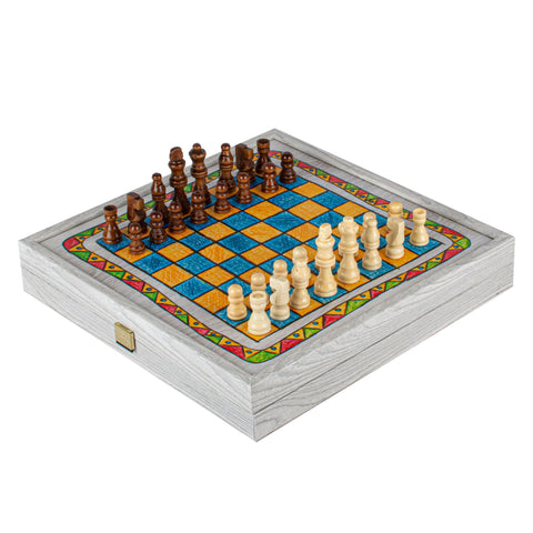 Chess/Backgammon/Ludo/Snakes - Children's Freehand Colored Drawing Sketch in Grey wooden case