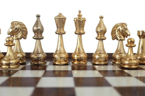 Italfama Italian Gold & Silver Plated Metal Chess Set, Elm Wood Board w/ Drawer