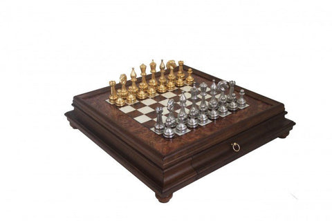Italfama Italian Gold & Silver Plated Metal Chess Set, Elm Wood Board w/ Drawer