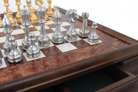 Italfama Italian Gold & Silver Plated Metal Chess Set, Elm Wood Board w/ Drawer