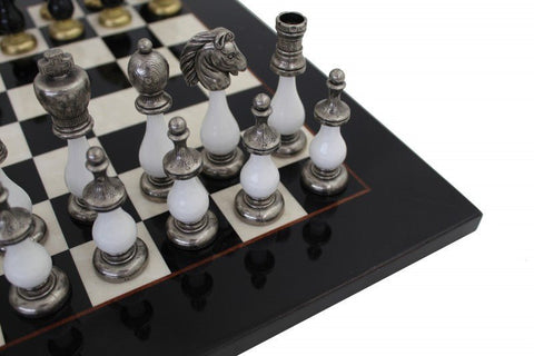 Gold & Silver Plated Metal Chess Set with Maple Wood Board, Made in Italy