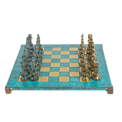 Renaissance Metal Chess Set Blue & Bronze Chessmen Board 36Cm Manopoulos S9Btir