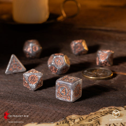 The Witcher Ciri RPG Dice Set by Q-Workshop – 7 Dice + Metal Coin, Grey Copper