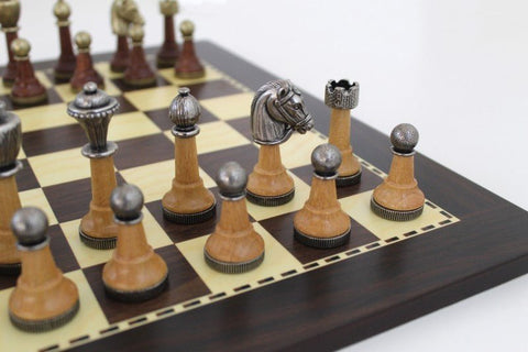 Italfama Walnut Chess Set, Metal Pieces Gold/Silver, 40x40 cm, Made in Italy