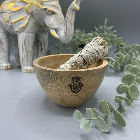 Wooden Smudge and Ritual Offerings Bowl - Hamsa Ancient Wisdom (12x7)