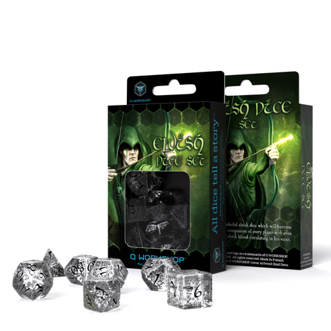 Elvish Dice Set Translucent And Black Role Games Q-Workshop Dnd Transparent NEW