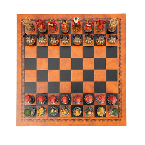 Italfama Water vs Fire Hand-Painted Resin Chess Set Leather Board Made in Italy