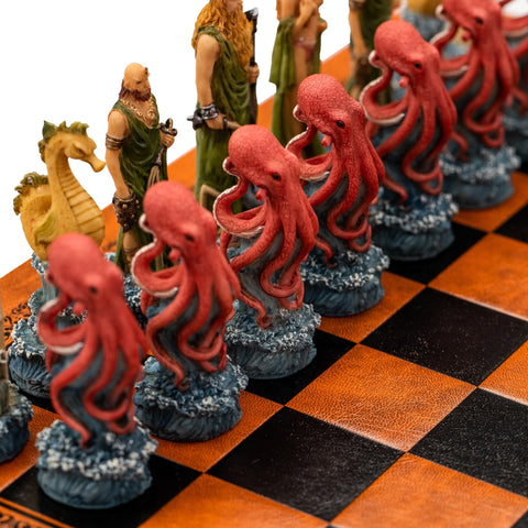 Italfama Water vs Fire Hand-Painted Resin Chess Set Leather Board Made in Italy