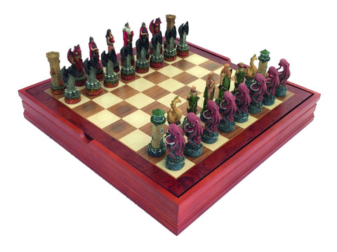 Water vs Fire Hand-Painted Resin Chess Set, Walnut 37cm Board Storage, Italfama