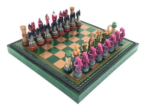 Italfama Water vs Fire Hand-Painted Resin Chess Set 3-in-1 Leather Board