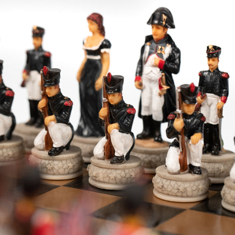 Waterloo Battle Hand-Painted Chess Set, Mahogany Board with Drawer Italfama