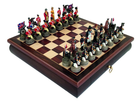 Waterloo Battle Hand-Painted Chess Set, Mahogany Board with Drawer Italfama