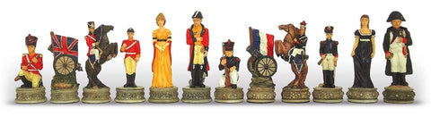 Waterloo Battle Hand-Painted Chess Set, Mahogany Board with Drawer Italfama