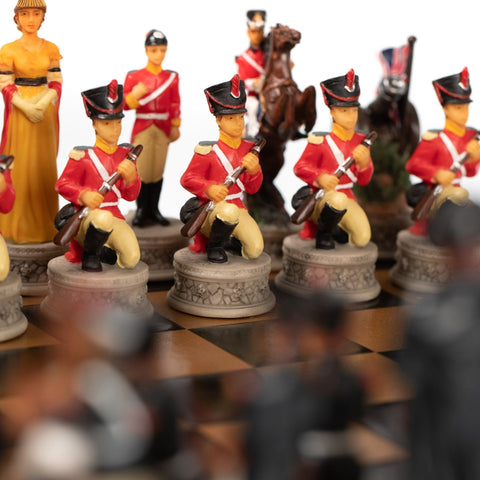 Waterloo Battle Hand-Painted Chess Set, Mahogany Board with Drawer Italfama