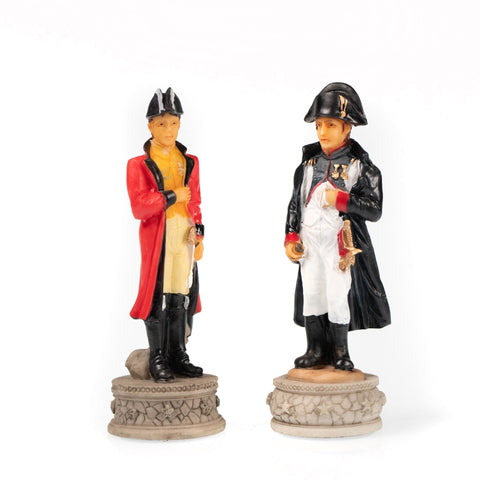 Waterloo Battle Hand-Painted Chess Set, Mahogany Board with Drawer Italfama