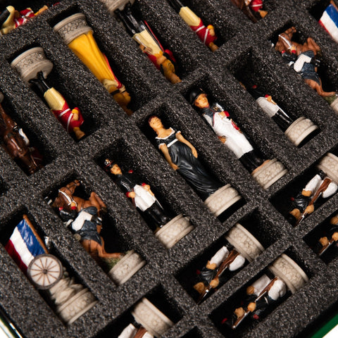 Waterloo Battle Hand-Painted Chess Set, Mahogany Board with Drawer Italfama