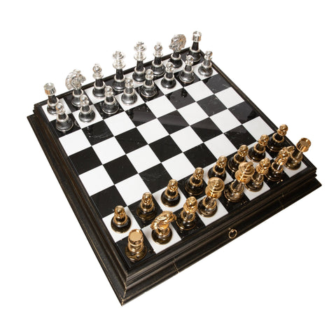 Italfama Gold & Silver Plated Brass Chess Set with Table, Marble Top, Drawers XL
