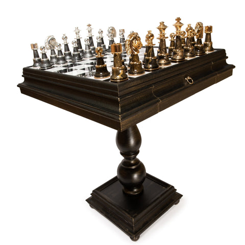 Italfama Gold & Silver Plated Brass Chess Set with Table, Marble Top, Drawers XL
