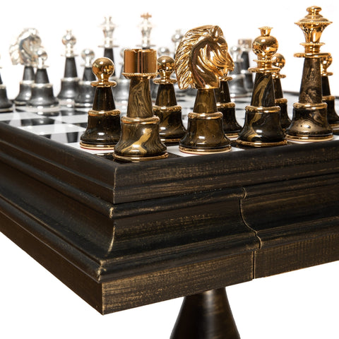 Italfama Gold & Silver Plated Brass Chess Set with Table, Marble Top, Drawers XL