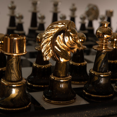 Italfama Gold & Silver Plated Brass Chess Set with Table, Marble Top, Drawers XL