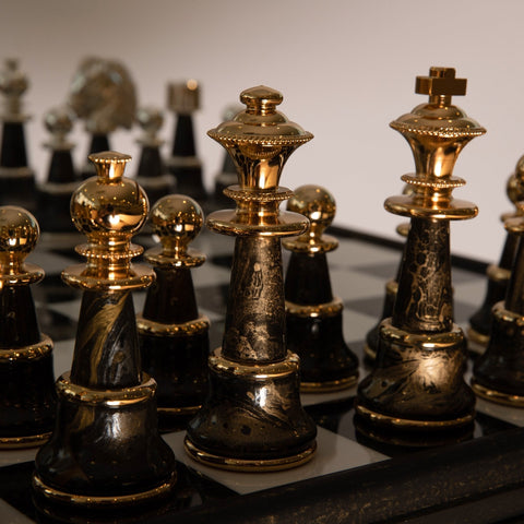 Italfama Gold & Silver Plated Brass Chess Set with Table, Marble Top, Drawers XL