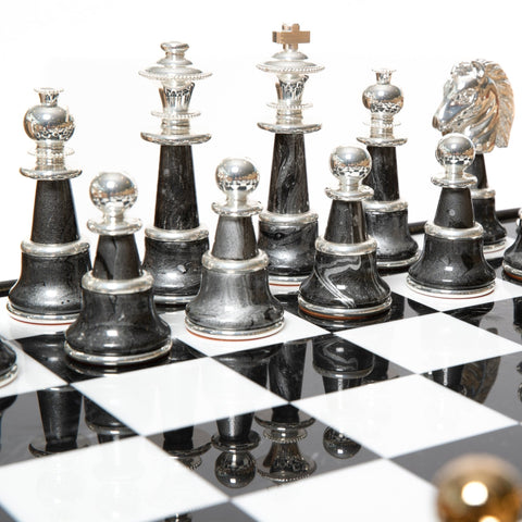 Italfama Gold & Silver Plated Brass Chess Set with Table, Marble Top, Drawers XL