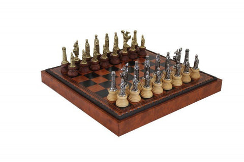 Italfama Medieval Chess Set Metal/Wood, Faux Leather Board with Backgammon