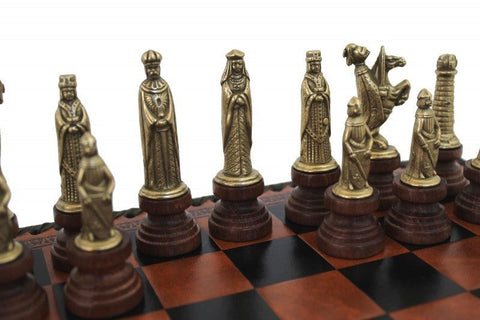 Italfama Medieval Chess Set Metal/Wood, Faux Leather Board with Backgammon