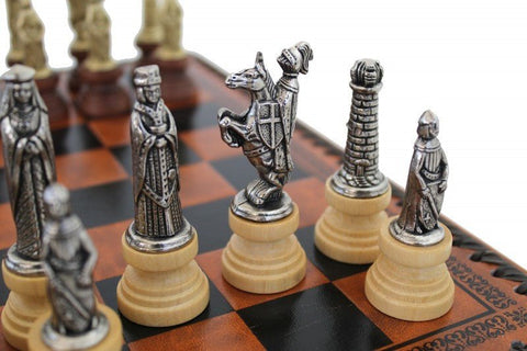 Italfama Medieval Chess Set Metal/Wood, Faux Leather Board with Backgammon