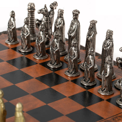 Italfama Medieval Metal Chess Set, 28cm Faux Leather Board, Handmade Italy