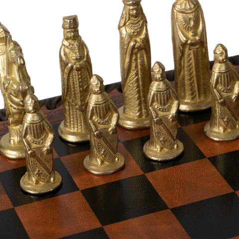 Italfama Medieval Metal Chess Set, 28cm Faux Leather Board, Handmade Italy