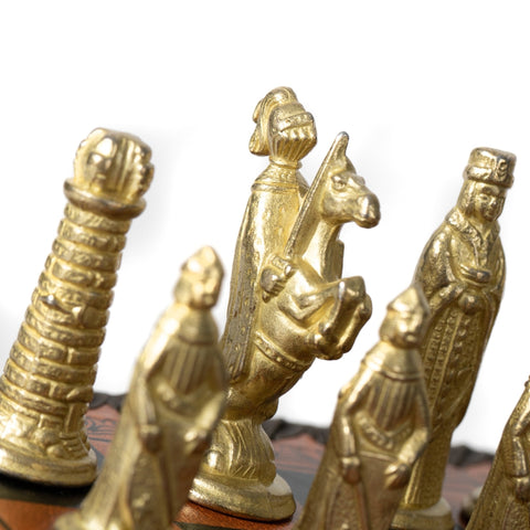 Italfama Medieval Metal Chess Set, 28cm Faux Leather Board, Handmade Italy