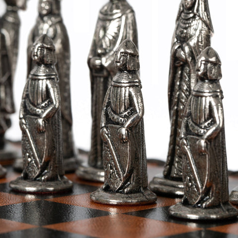 Italfama Medieval Metal Chess Set, 28cm Faux Leather Board, Handmade Italy