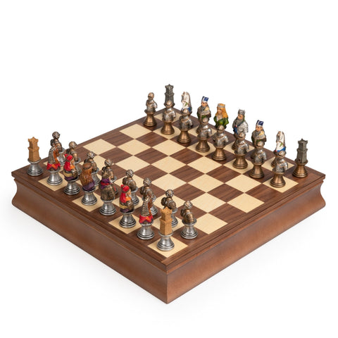 Italfama Hand-Painted Medieval Chess Set, Walnut Board & Box, 8cm King