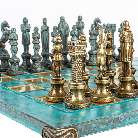 Renaissance Metal Chess Set Blue & Bronze Chessmen Board 36Cm Manopoulos S9Btir