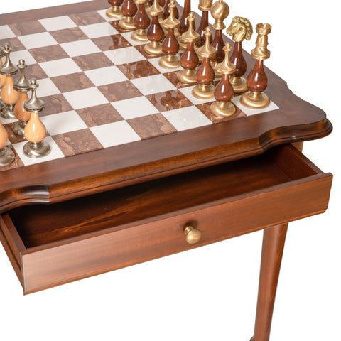 Italfama Luxury Marble Chess Table Set, Large Brass Gold/Silver Pieces