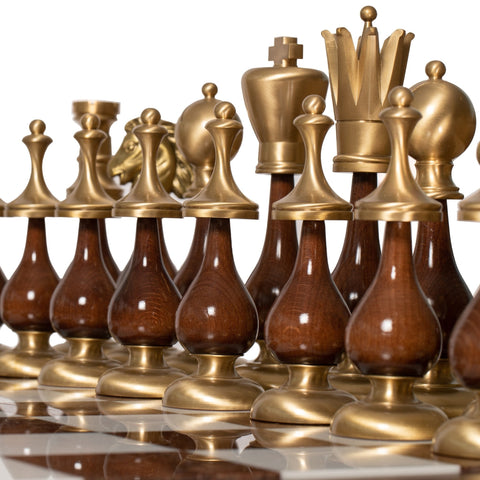 Italfama Luxury Marble Chess Table Set, Large Brass Gold/Silver Pieces