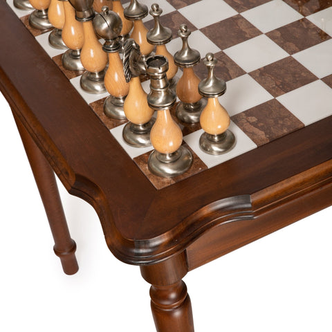 Italfama Luxury Marble Chess Table Set, Large Brass Gold/Silver Pieces