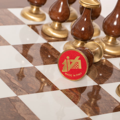 Italfama Luxury Marble Chess Table Set, Large Brass Gold/Silver Pieces