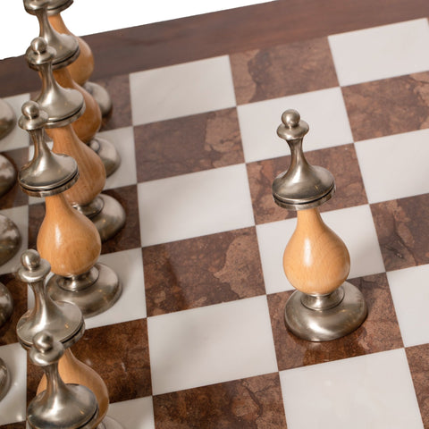 Italfama Luxury Marble Chess Table Set, Large Brass Gold/Silver Pieces