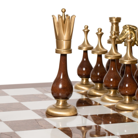 Italfama Luxury Marble Chess Table Set, Large Brass Gold/Silver Pieces