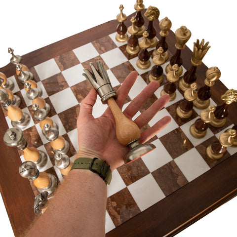 Italfama Luxury Marble Chess Table Set, Large Brass Gold/Silver Pieces