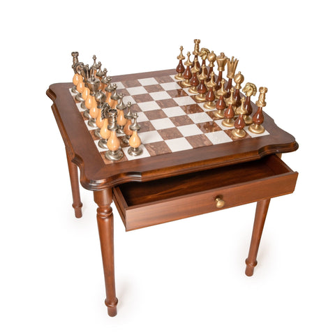Italfama Luxury Marble Chess Table Set, Large Brass Gold/Silver Pieces