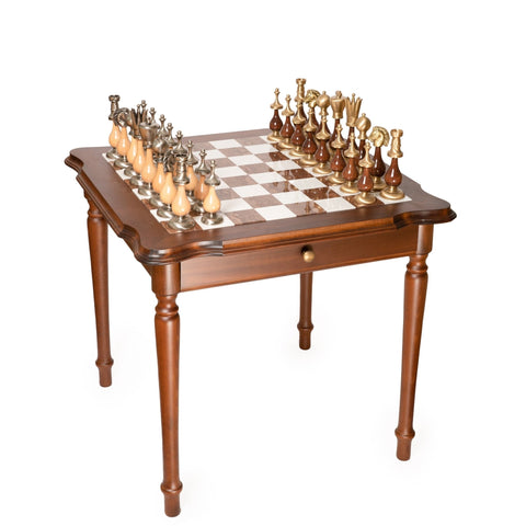 Italfama Luxury Marble Chess Table Set, Large Brass Gold/Silver Pieces
