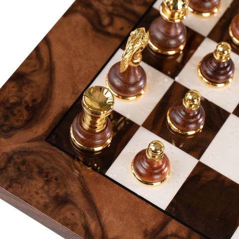 Italian Walnut Chess Set, Gold & Silver Plated, 51cm Board, Italfama