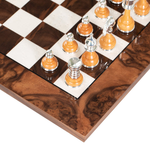 Italian Walnut Chess Set, Gold & Silver Plated, 51cm Board, Italfama