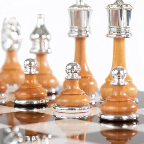 Italian Walnut Chess Set, Gold & Silver Plated, 51cm Board, Italfama